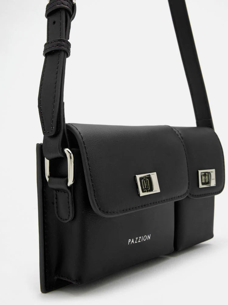 PAZZION, Aviana Double Twist Lock Structured Bag, Black