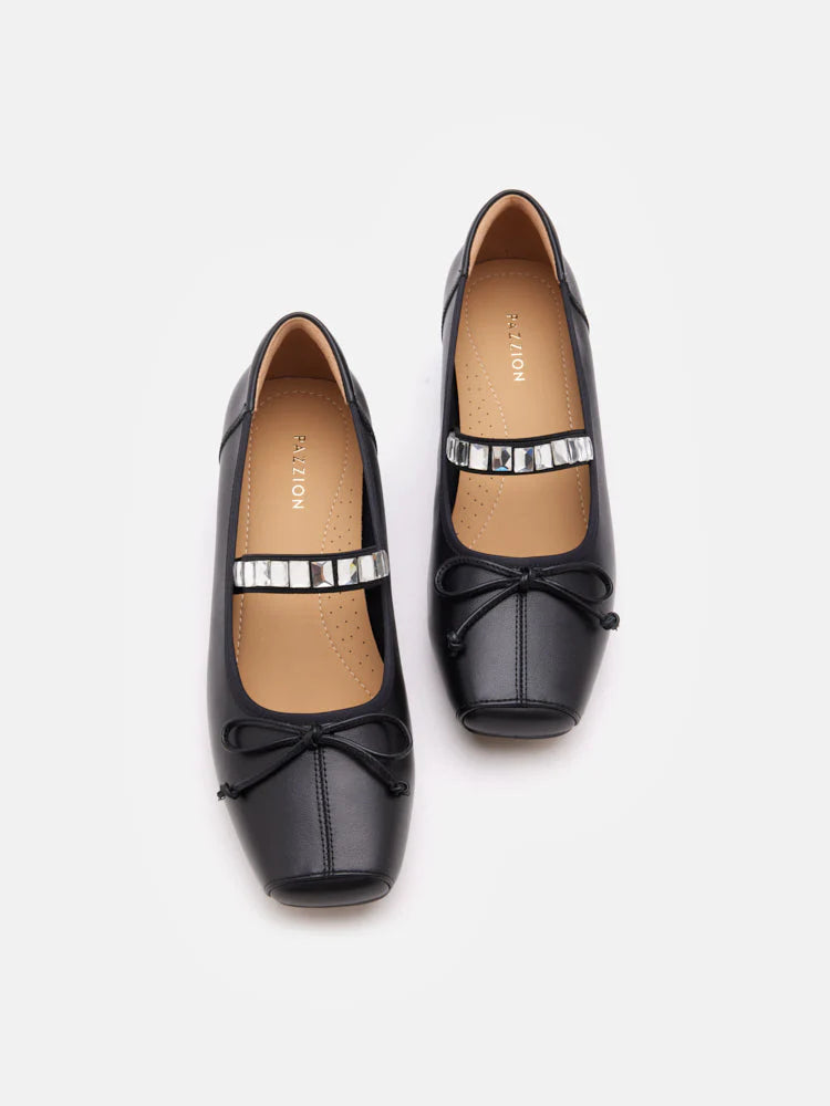 PAZZION, Billie Crystal-Embellished Bow Mary Jane Heels, Black