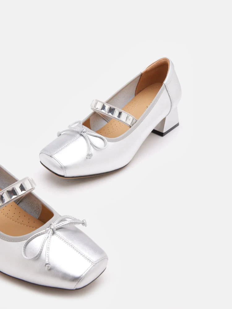 PAZZION, Billie Crystal-Embellished Bow Mary Jane Heels, Silver