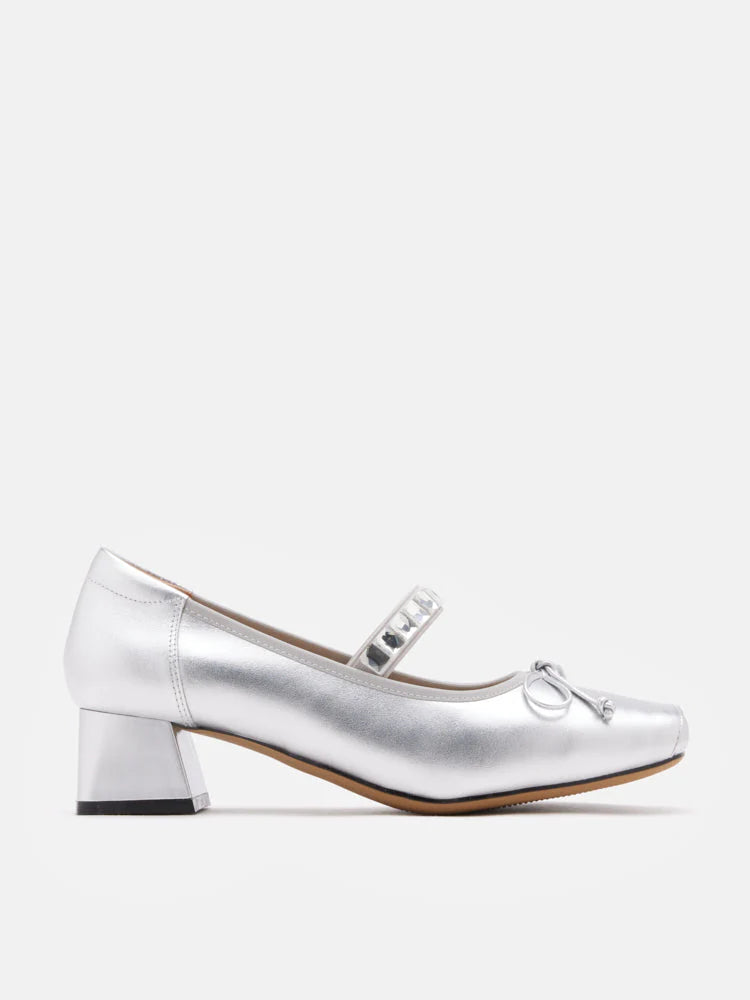 PAZZION, Billie Crystal-Embellished Bow Mary Jane Heels, Silver