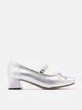 PAZZION, Billie Crystal-Embellished Bow Mary Jane Heels, Silver