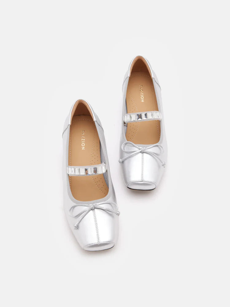 PAZZION, Billie Crystal-Embellished Bow Mary Jane Heels, Silver