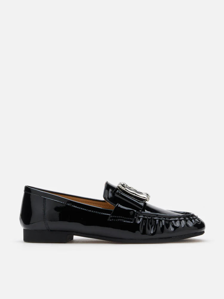 PAZZION, Calista Patent Leather Buckled Bow Loafers, Black