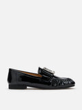 PAZZION, Calista Patent Leather Buckled Bow Loafers, Black