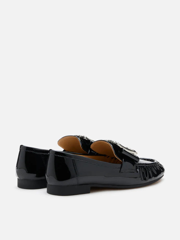 PAZZION, Calista Patent Leather Buckled Bow Loafers, Black