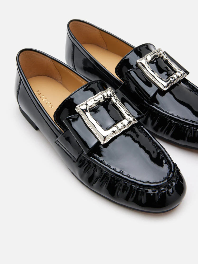 PAZZION, Calista Patent Leather Buckled Bow Loafers, Black
