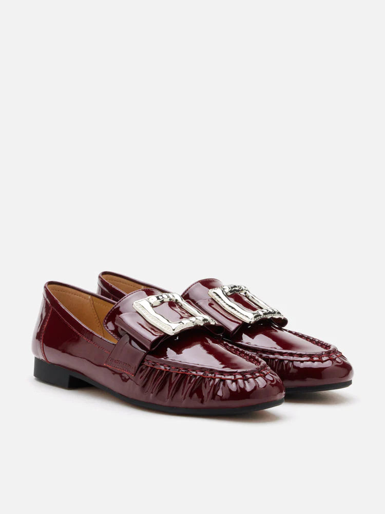 PAZZION, Calista Patent Leather Buckled Bow Loafers, Wine