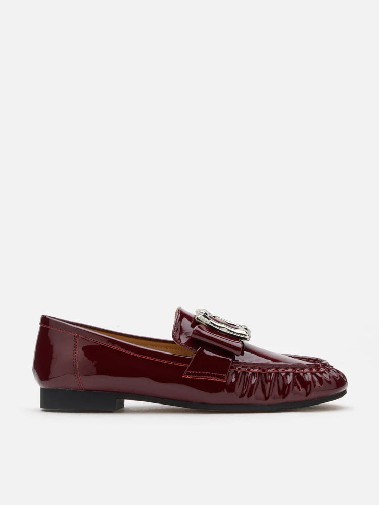 PAZZION, Calista Patent Leather Buckled Bow Loafers, Wine