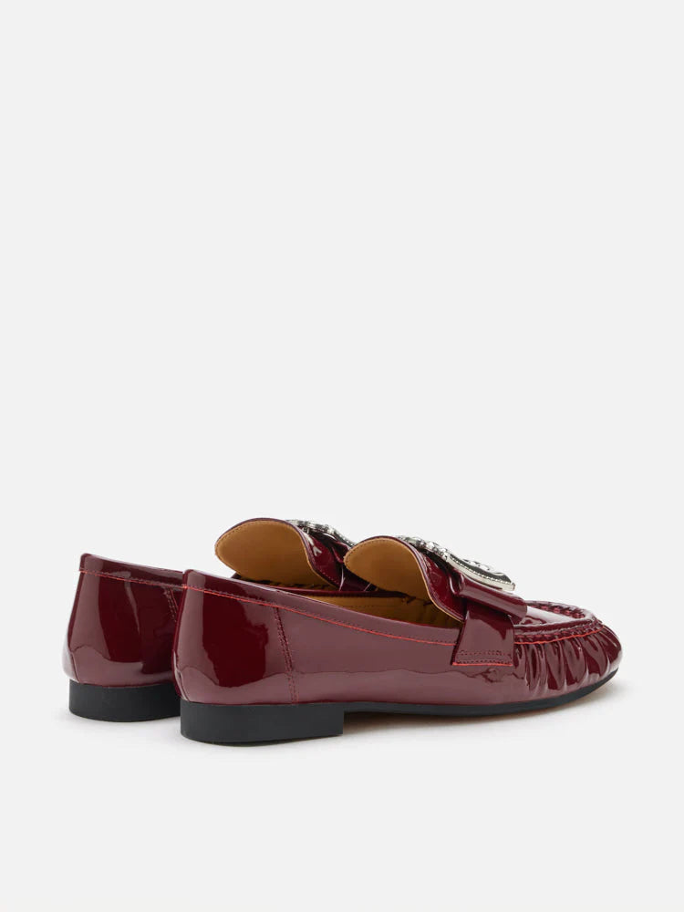 PAZZION, Calista Patent Leather Buckled Bow Loafers, Wine