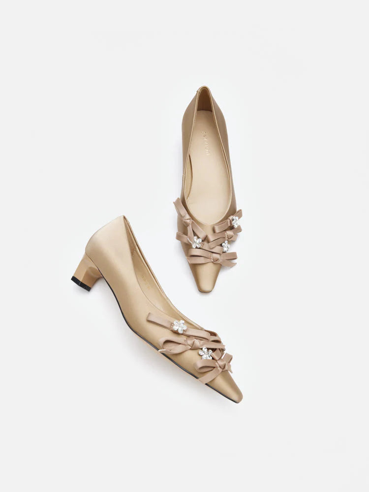 PAZZION, Coco Embellished Bow Heels, Khaki