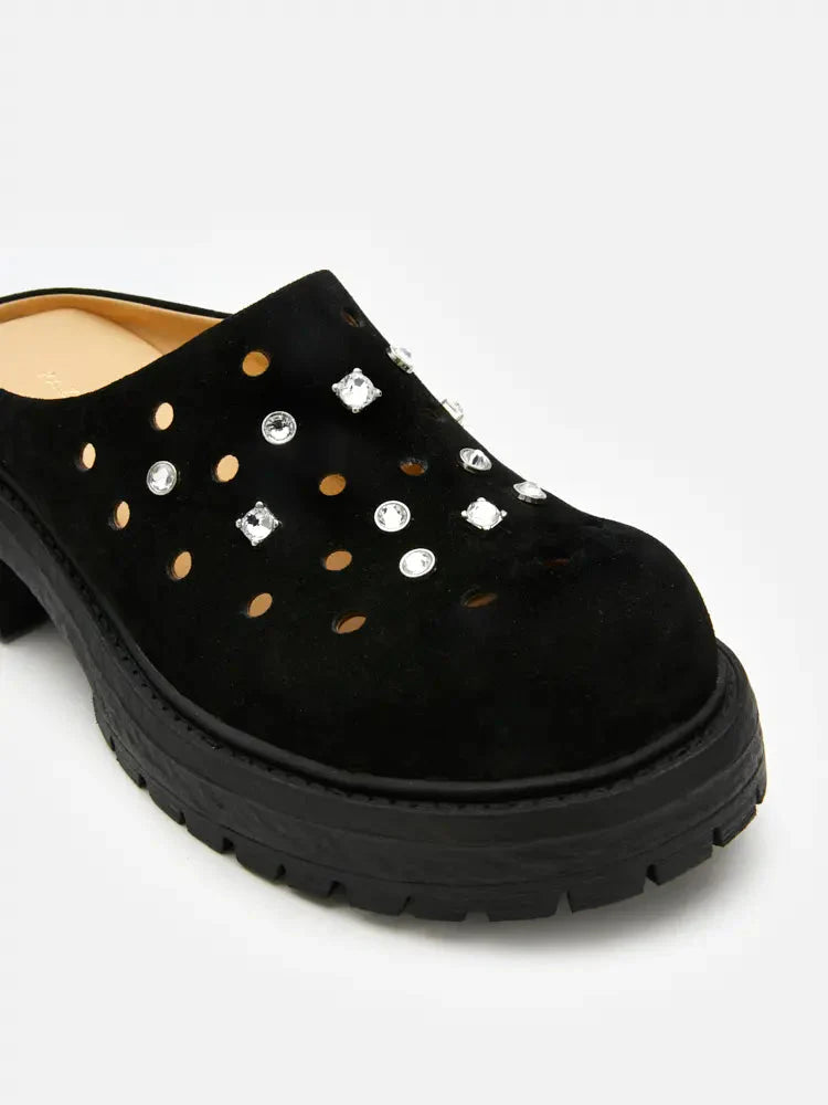 PAZZION, Collette Suede Embellished Clog Mules, Black