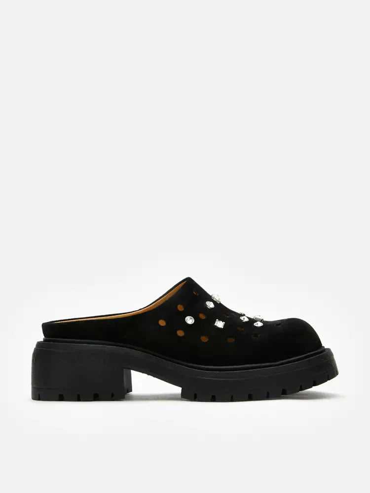 PAZZION, Collette Suede Embellished Clog Mules, Black
