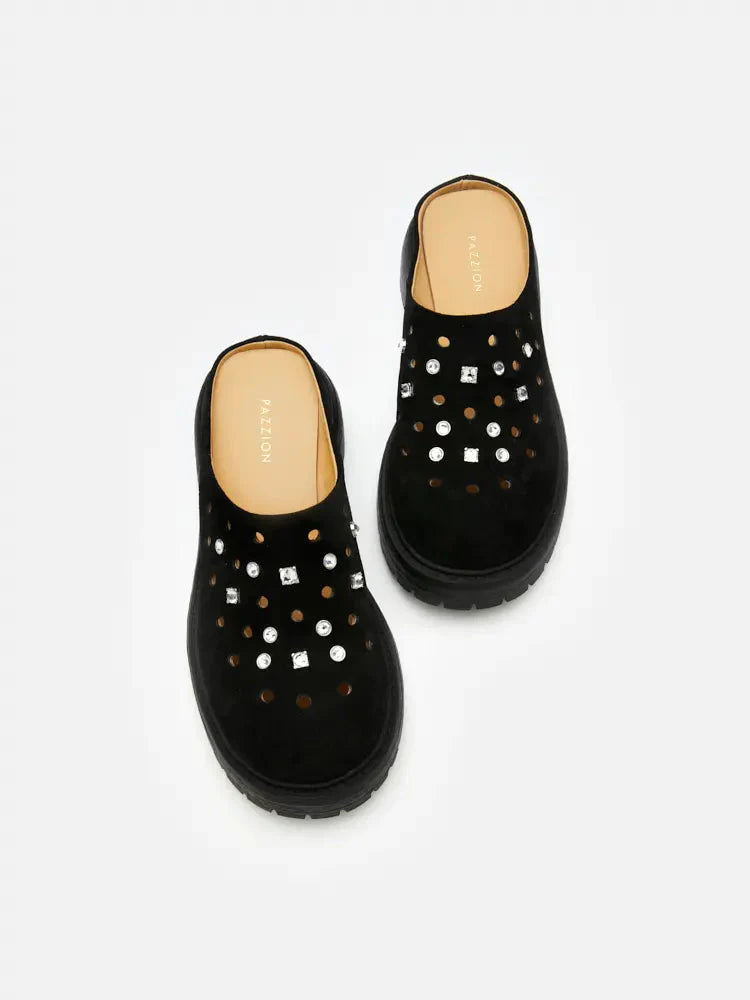 PAZZION, Collette Suede Embellished Clog Mules, Black