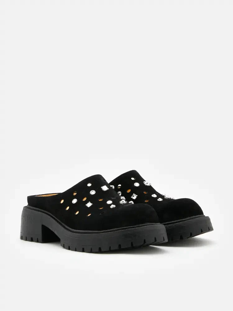 PAZZION, Collette Suede Embellished Clog Mules, Black