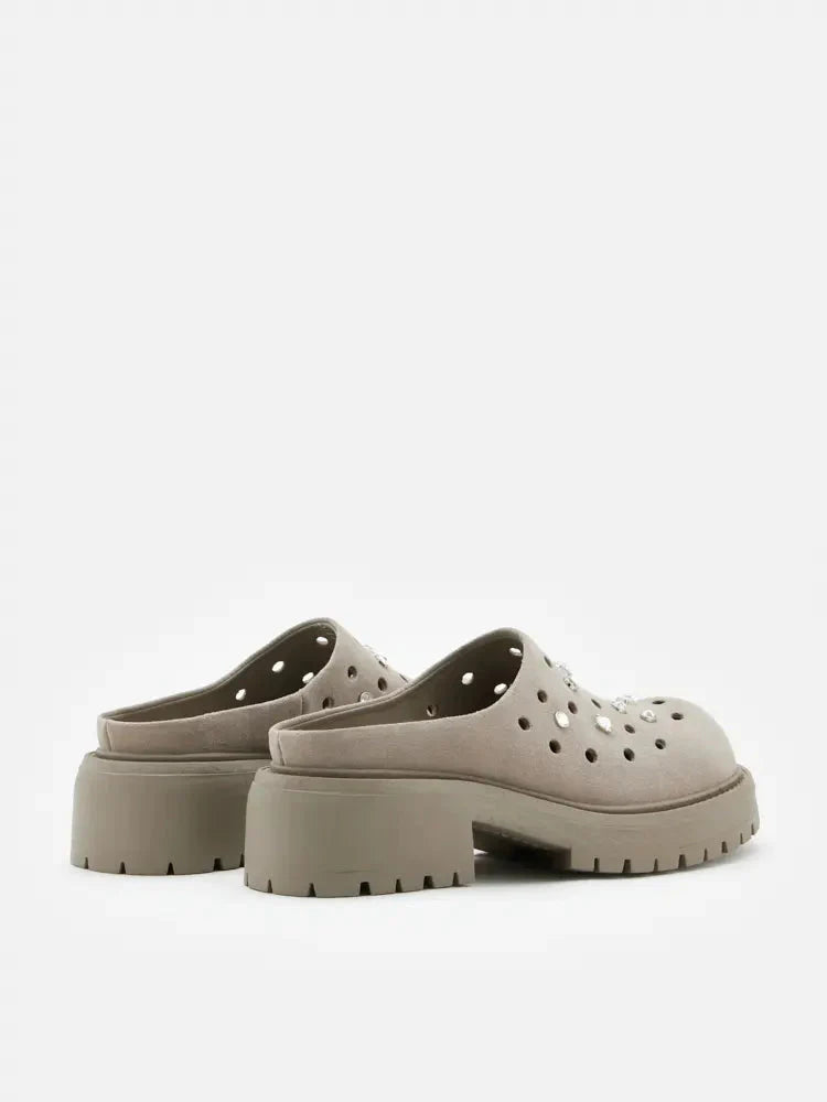 PAZZION, Collette Suede Embellished Clog Mules, Grey