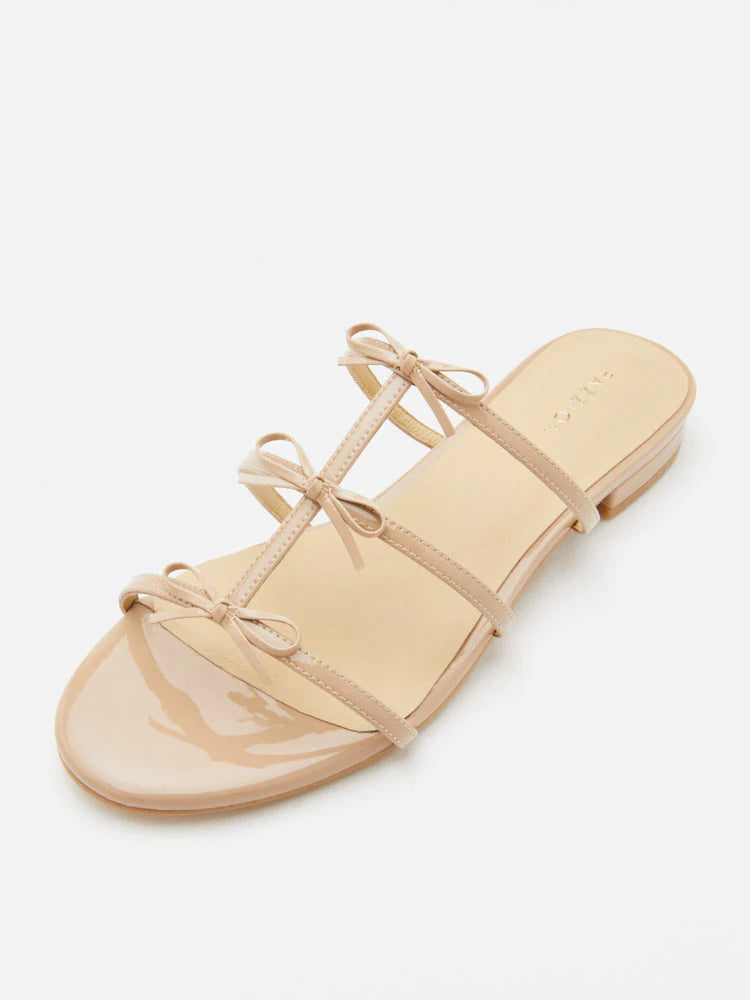 PAZZION, Elena Bow Cage Patent Leather Slides, Almond