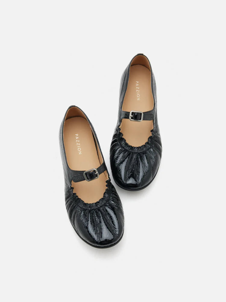 PAZZION, Frieda Ruched Patent Mary Janes, Black