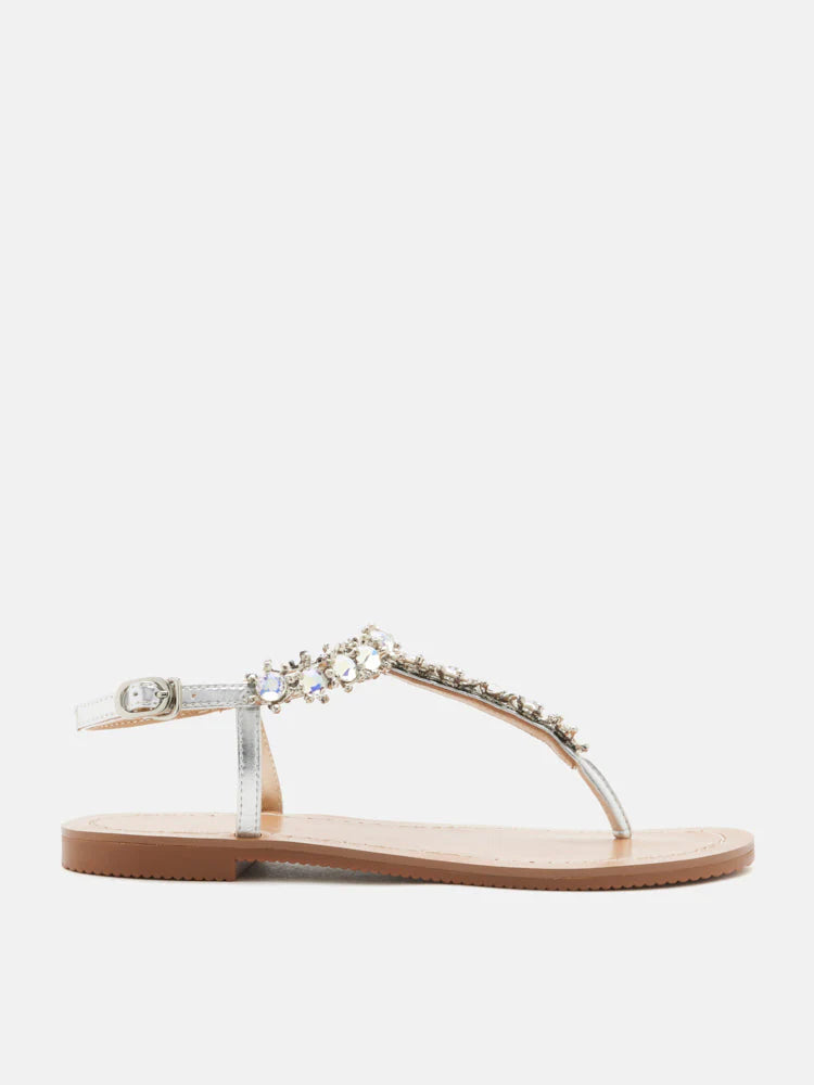 PAZZION, Kienna Embellished T-bar Sandals, Silver