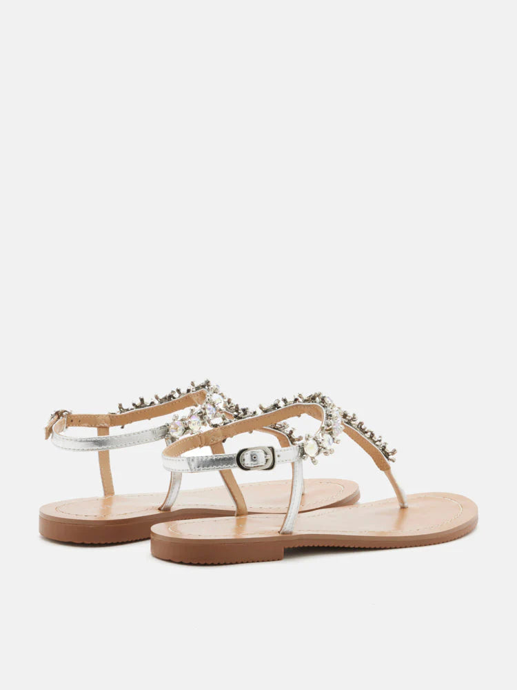 PAZZION, Kienna Embellished T-bar Sandals, Silver