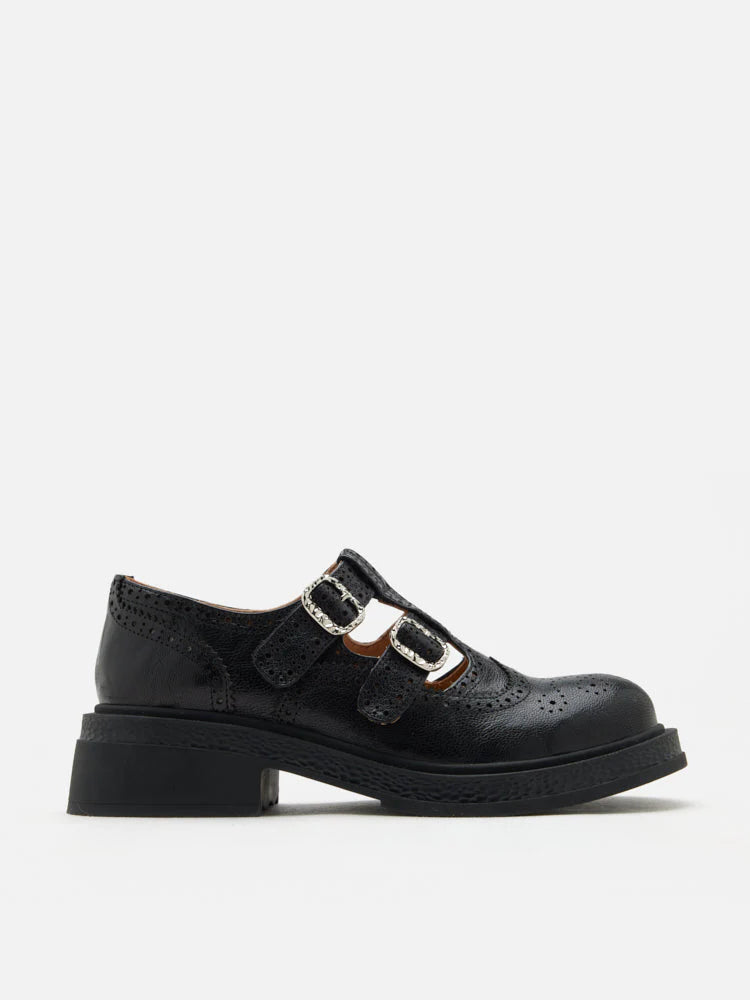 PAZZION, Kimora Double Buckle Brogue Loafers, Black
