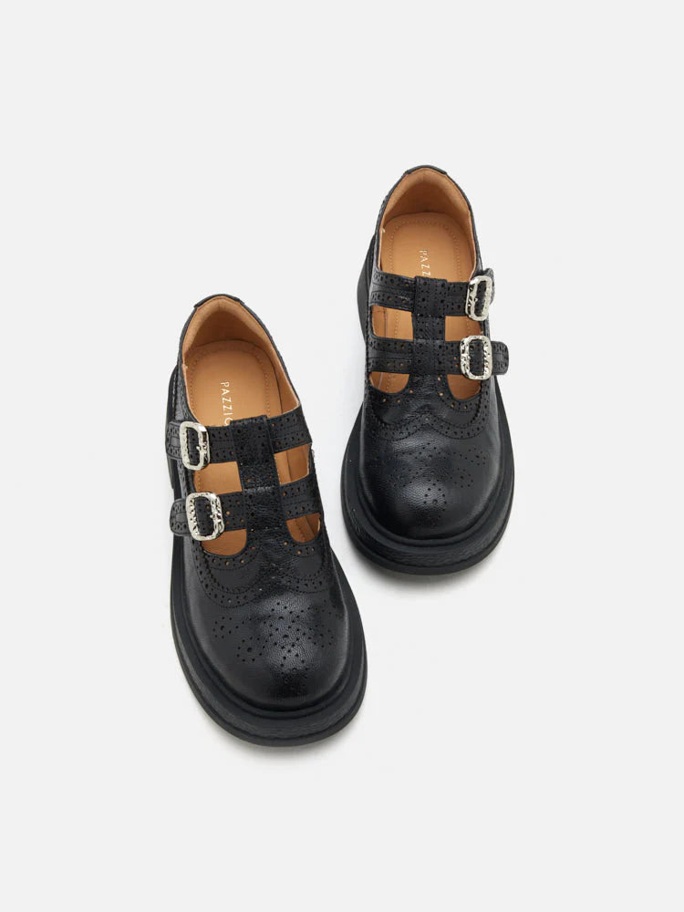 PAZZION, Kimora Double Buckle Brogue Loafers, Black