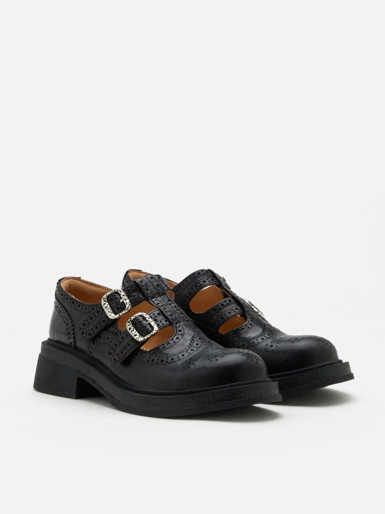 PAZZION, Kimora Double Buckle Brogue Loafers, Black