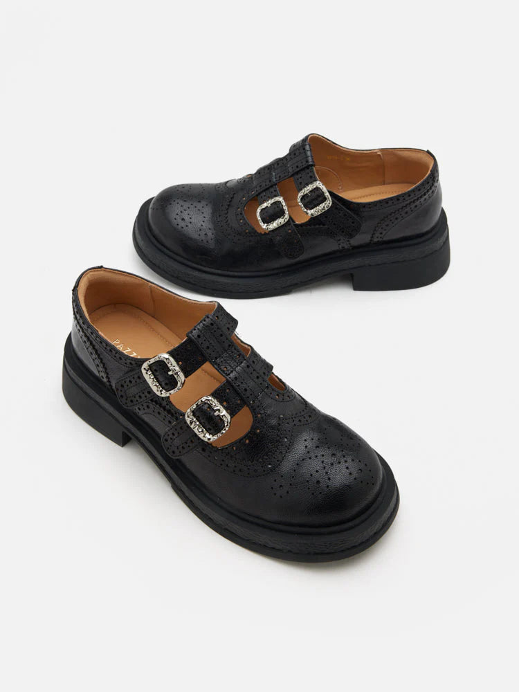 PAZZION, Kimora Double Buckle Brogue Loafers, Black