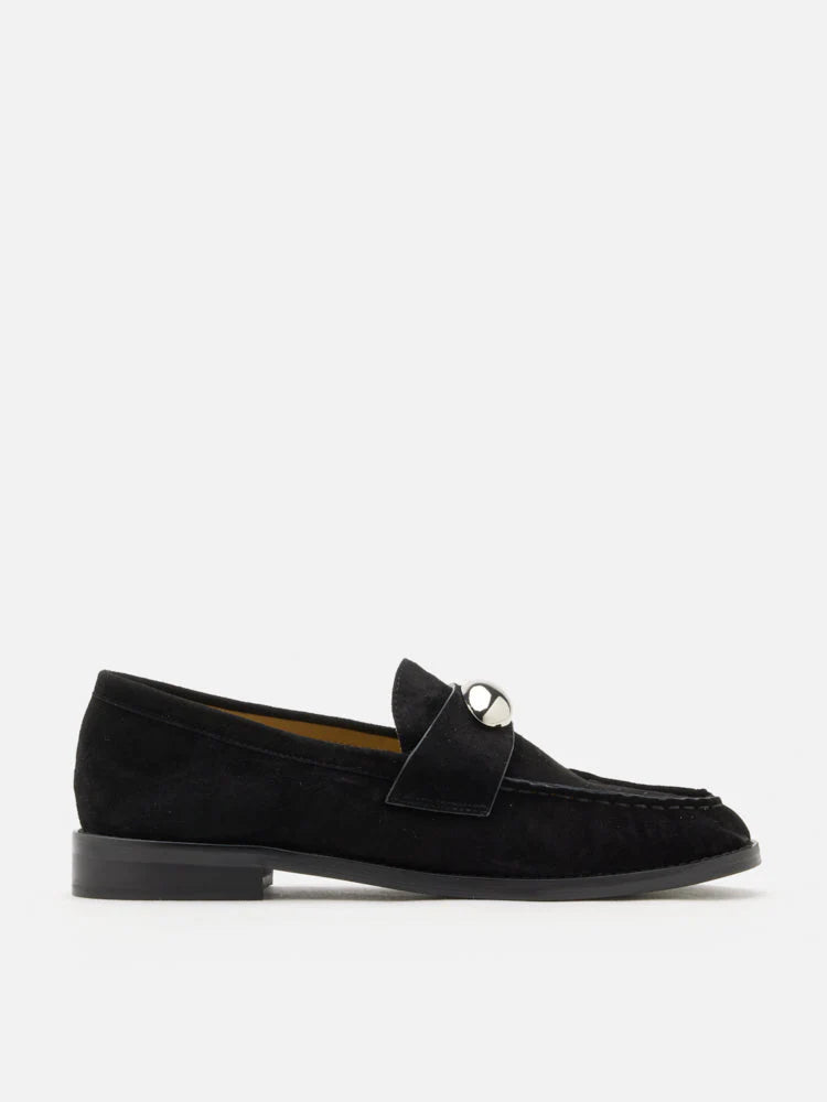 PAZZION, Lilibet Suede Metal-Buckle Loafers, Black