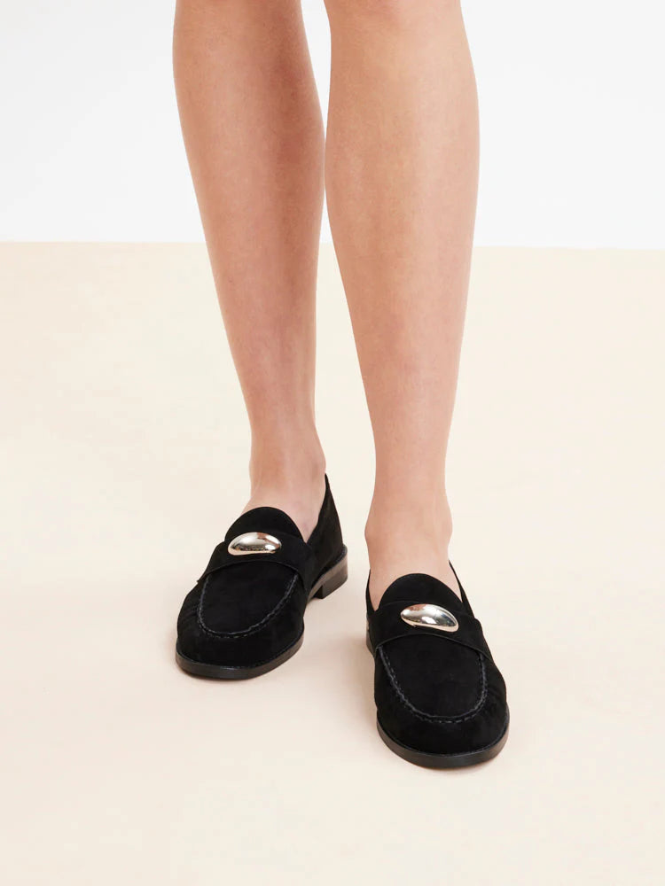 PAZZION, Lilibet Suede Metal-Buckle Loafers, Black