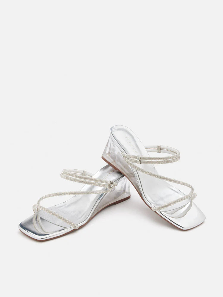 PAZZION, Lola Crystal Strap Wedges, Silver