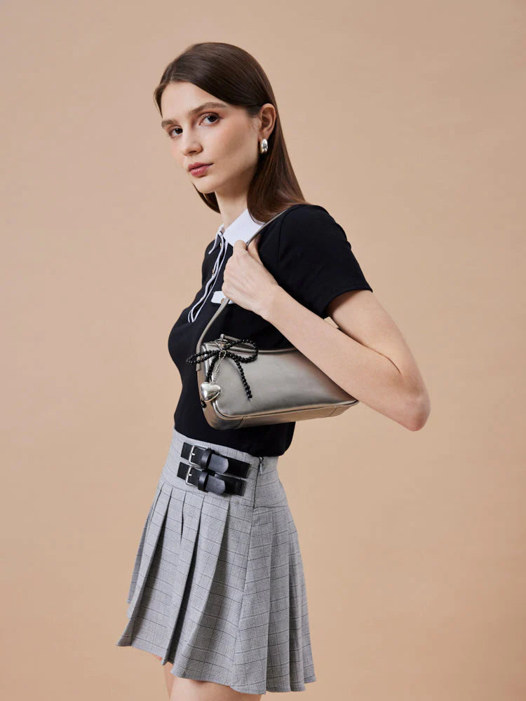 PAZZION, Luna Bow-Charm Slouchy Bag, Silver