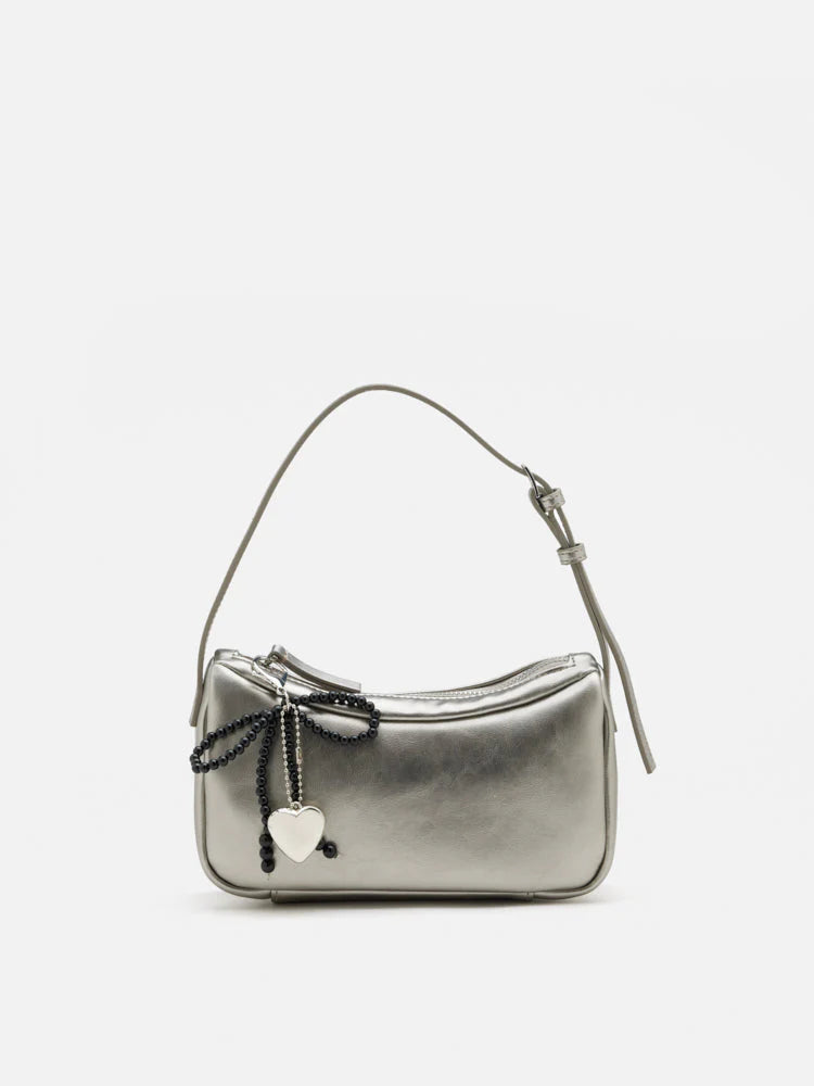 PAZZION, Luna Bow-Charm Slouchy Bag, Silver