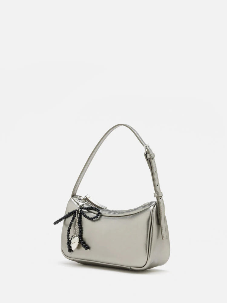 PAZZION, Luna Bow-Charm Slouchy Bag, Silver