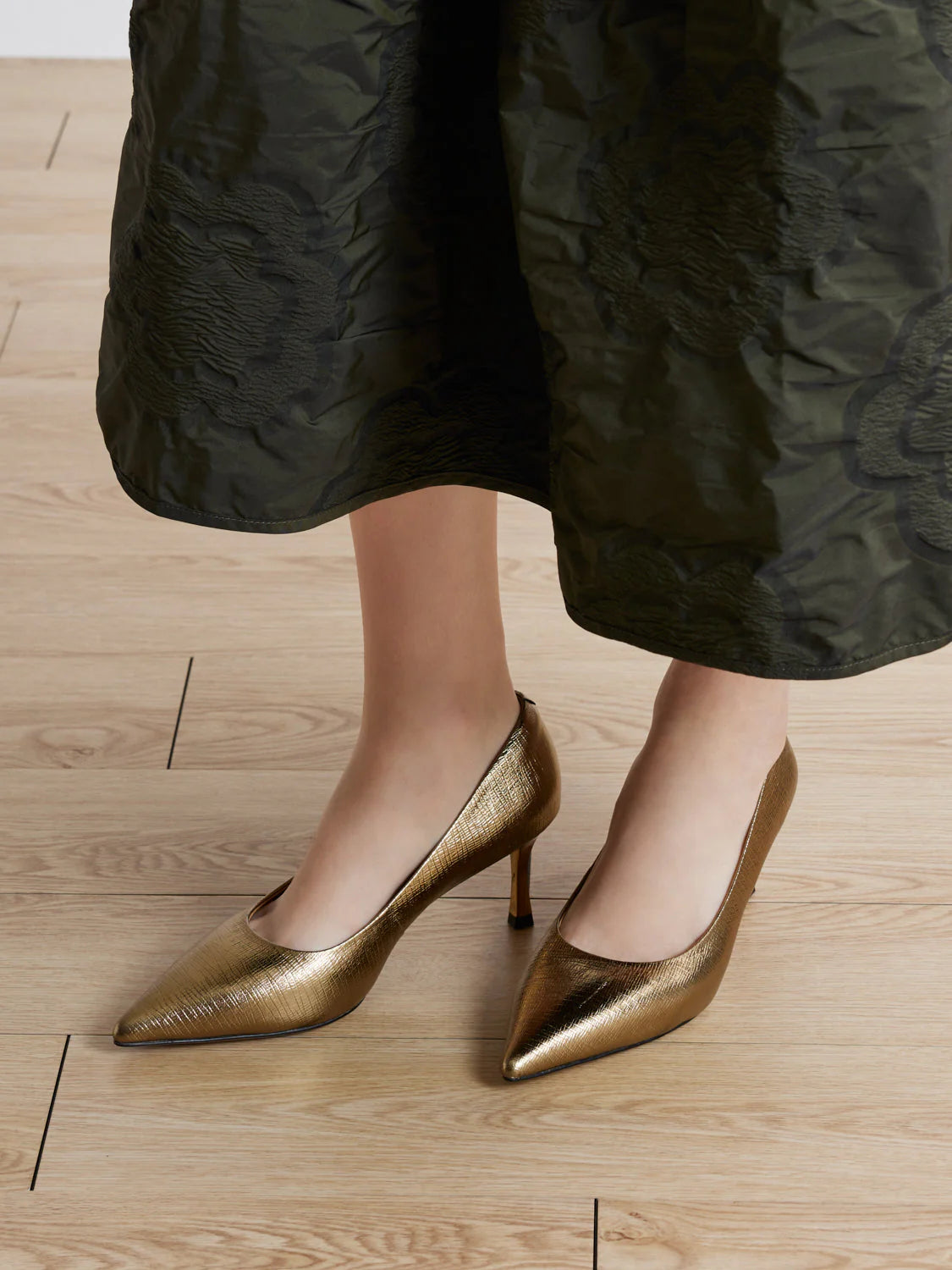 PAZZION, Marcie Metallic Pointed Toe Heels, Bronze