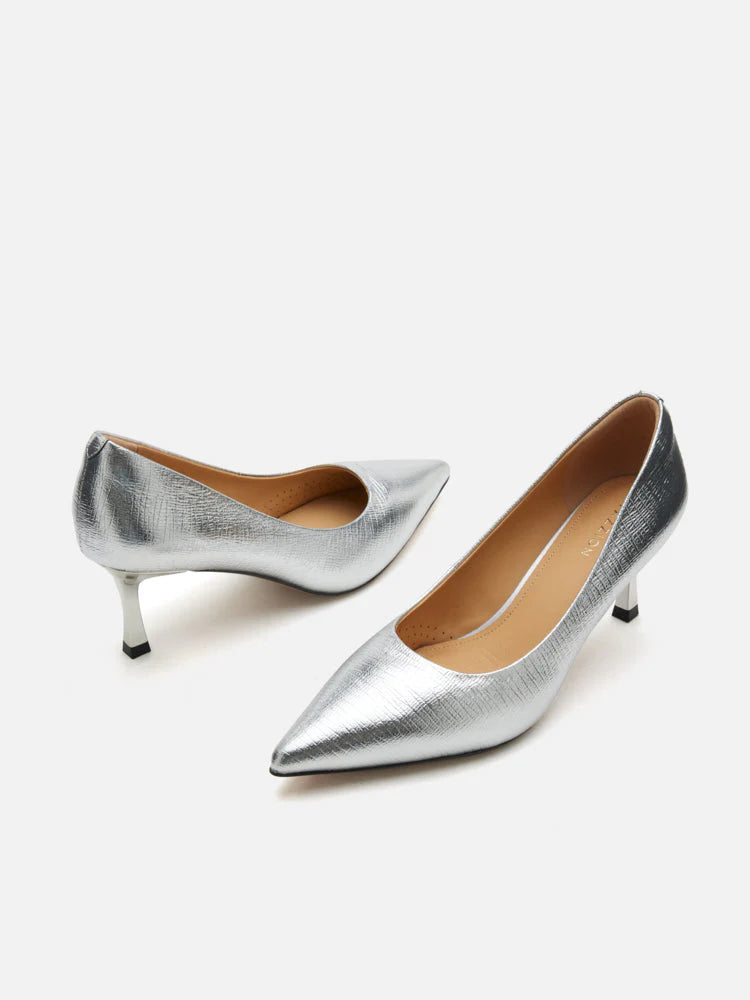 PAZZION, Marcie Metallic Pointed Toe Heels, Silver
