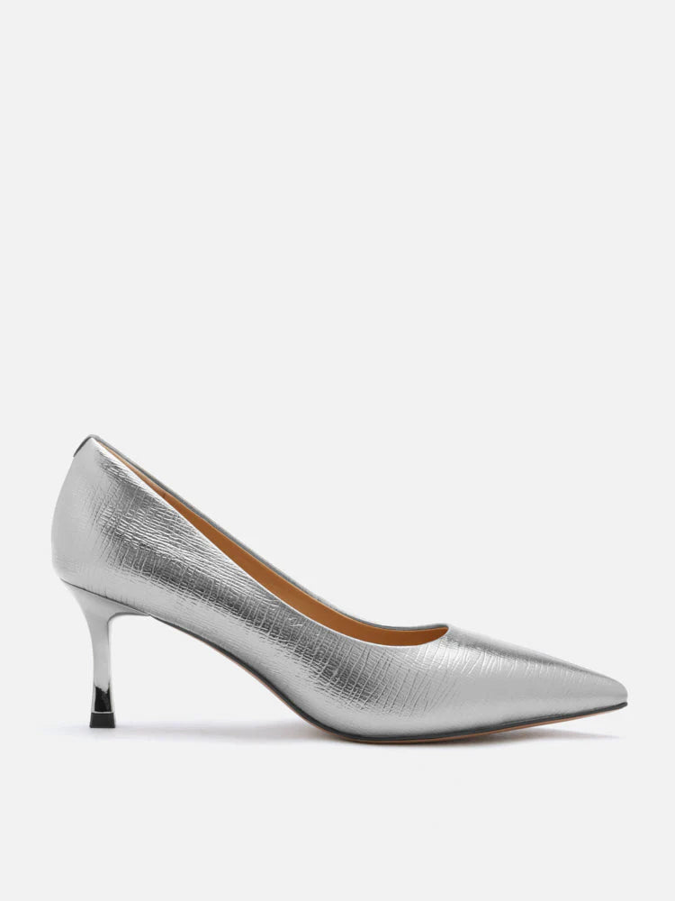 PAZZION, Marcie Metallic Pointed Toe Heels, Silver