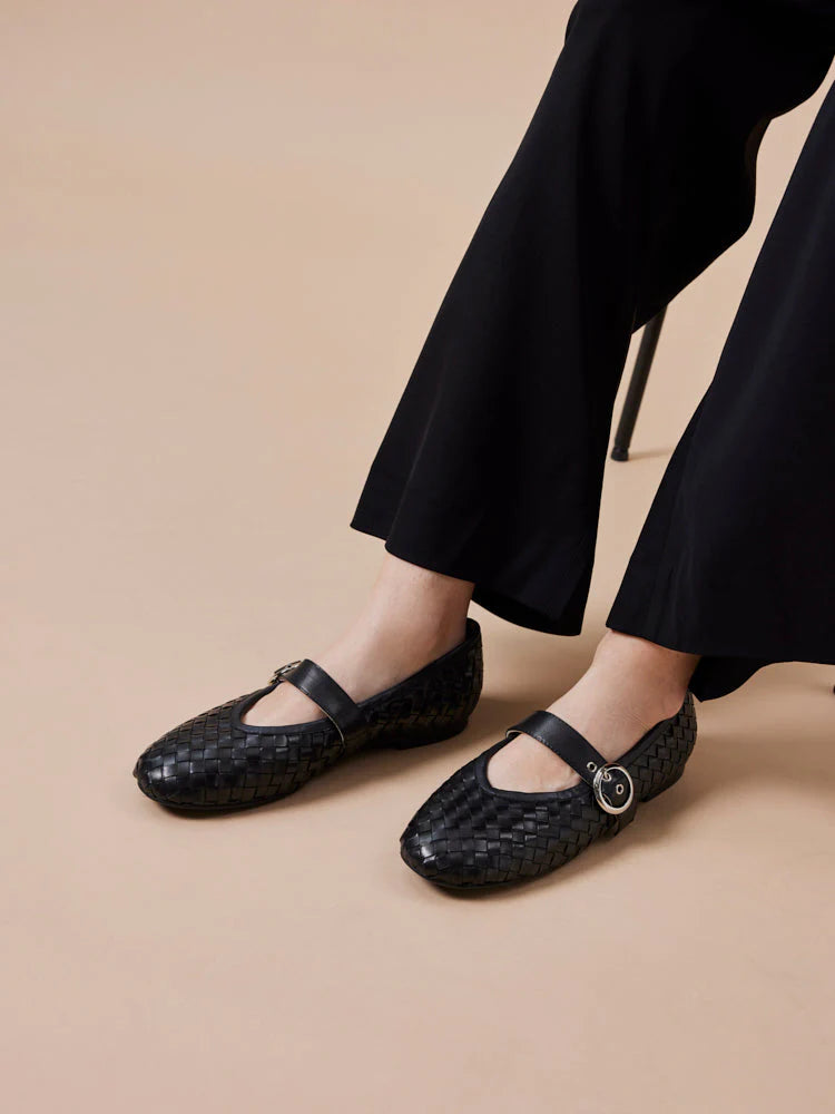 PAZZION, Marin Woven Mary Jane Flats, Black