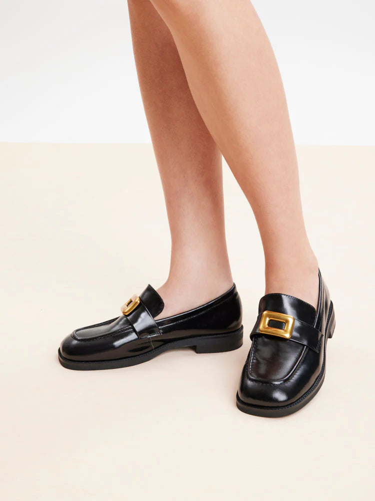 PAZZION, Nadine Gold Buckle Square Toe Loafers, Black