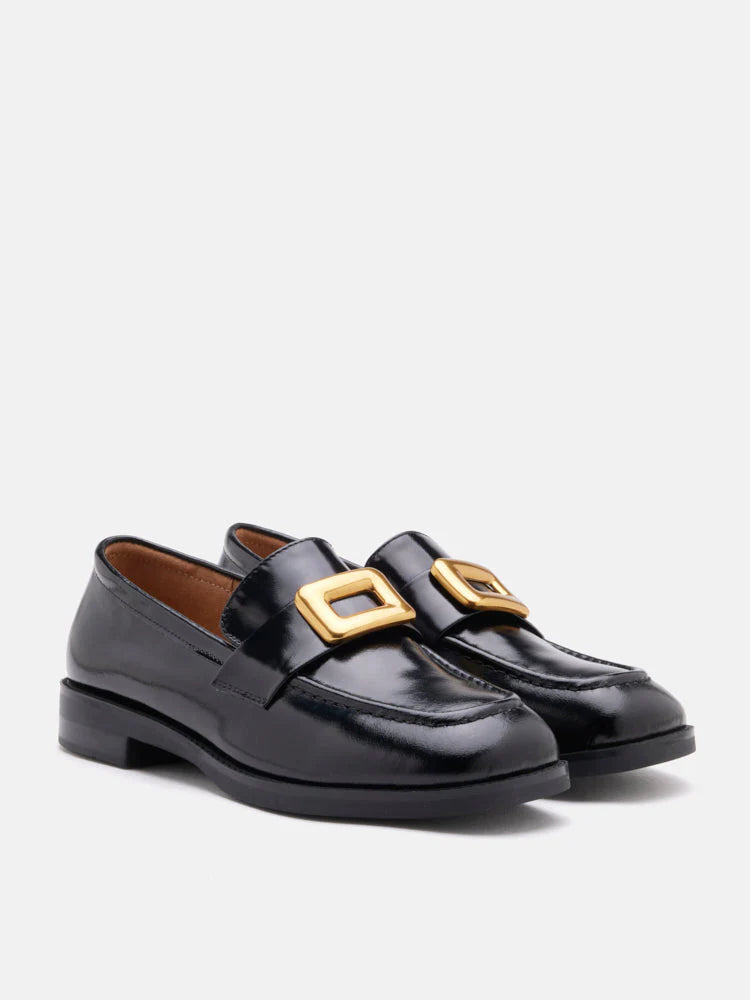 PAZZION, Nadine Gold Buckle Square Toe Loafers, Black