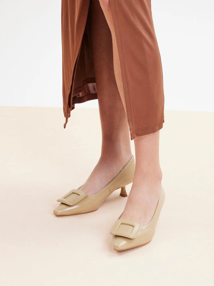 PAZZION, Orelia Square Buckle Pointed Toe Pumps, Almond