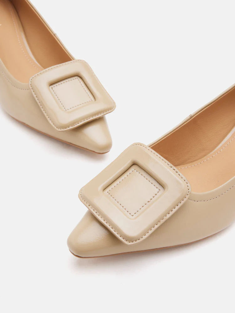 PAZZION, Orelia Square Buckle Pointed Toe Pumps, Almond