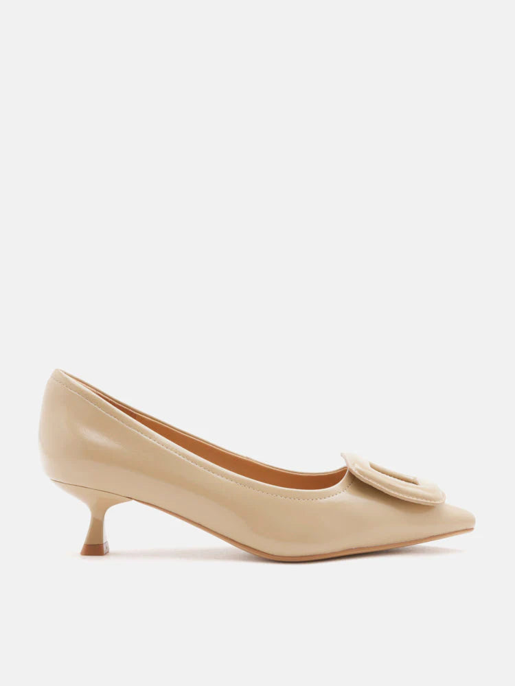 PAZZION, Orelia Square Buckle Pointed Toe Pumps, Almond
