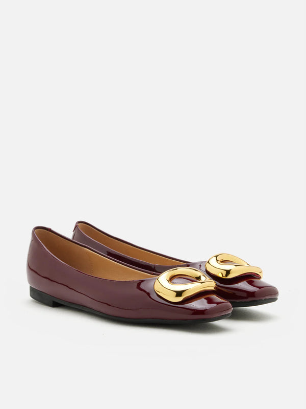 PAZZION, Oriella Gold Buckle Square-Toe Flats, Wine