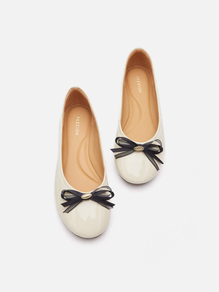 PAZZION, Pia Patent Accented Bow Flats, Beige