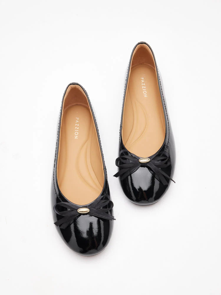 PAZZION, Pia Patent Accented Bow Flats, Black