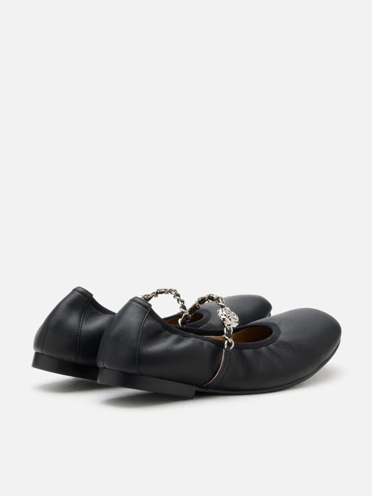 PAZZION, Reiley Floral Accented Chain-Strap Mary Janes, Black