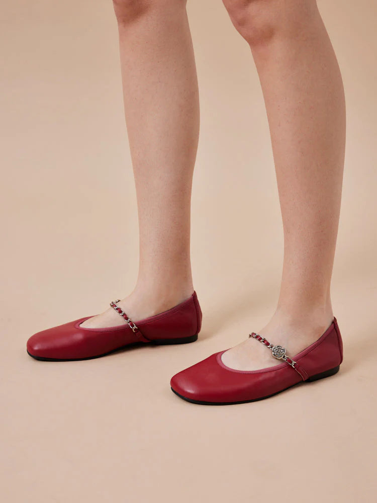 PAZZION, Reiley Floral Accented Chain-Strap Mary Janes, Red