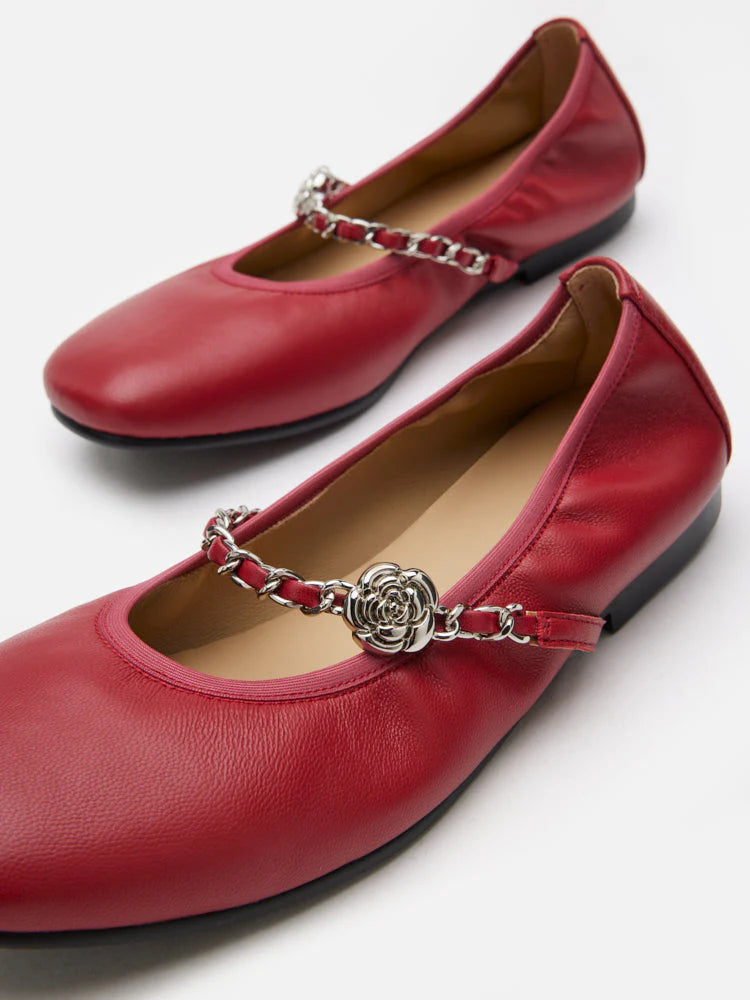 PAZZION, Reiley Floral Accented Chain-Strap Mary Janes, Red