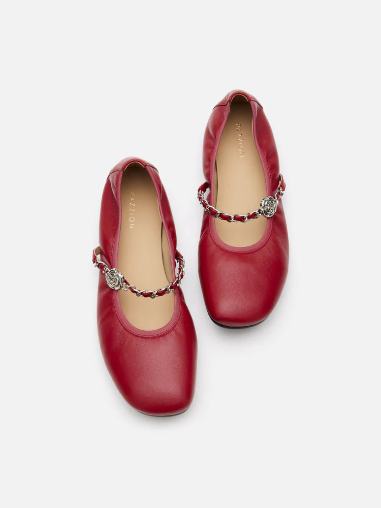PAZZION, Reiley Floral Accented Chain-Strap Mary Janes, Red