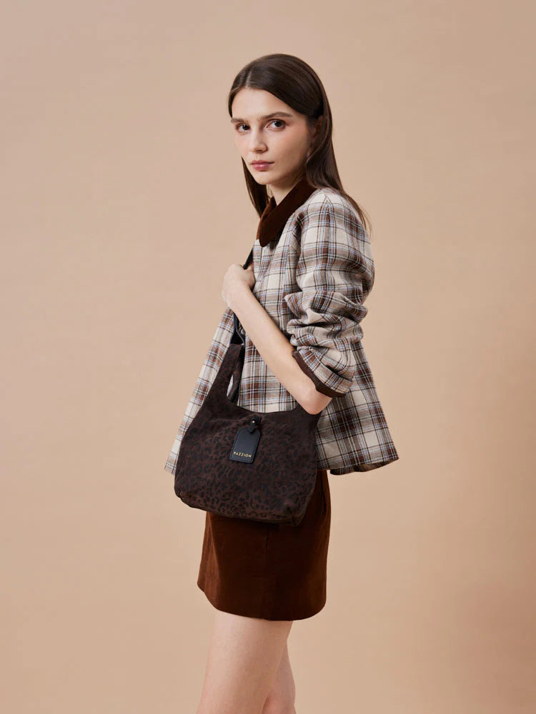 PAZZION, Sable Suede Leopard-Print Bag, Darkbrown